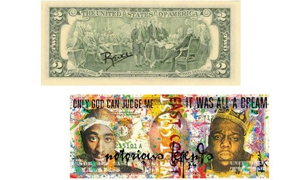 Tupac Shakur & Biggie Smalls Two-Dollar Bill Pop Art Hand-Signed by Rency