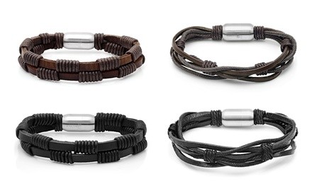 Men's Leather Bracelet with Stainless Steel Magnetic Clasp by Steeltime
