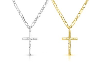 Men's Italian Solid Sterling Silver Cross Necklace With 24