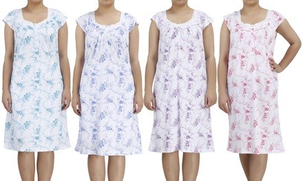 EZI Women's Short-Sleeve Floral Nightgown with Lace Neckline Trim. Plus Sizes Available.