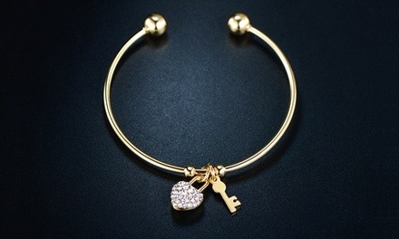 Heart and Key Charm Cuff Bangle Bracelet made with Swarovski Elements