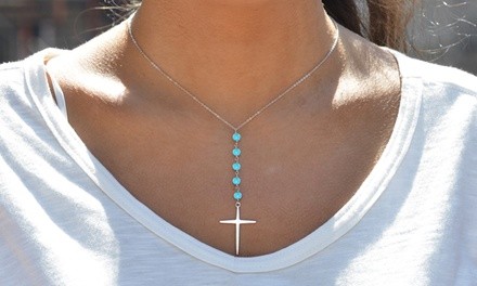 2.00 CTTW Genuine Turquoise Beaded Cross Necklace in Sterling Silver by GemmaLuna   