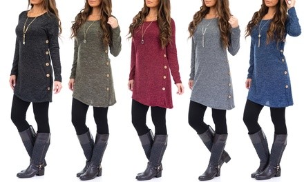 Women's Asymmetrical Hacci Tunic with Buttons. Plus Sizes Available.