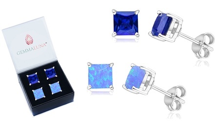 Gemma Luna Princess Cut Sapphire and Opal Stud Earrings Set (2 Pairs)