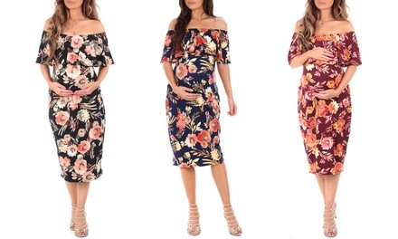 Women's Maternity Off-Shoulder Floral Ruffle Dress