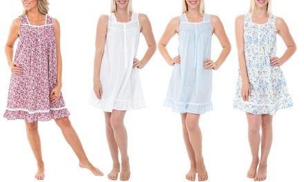 Alexander Del Rossa Women's 100% Cotton Sleeveless Button Up Ruffled Sleep Dress. Plus Sizes Available.