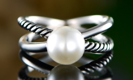 Sterling Silver White Freshwater Pearl Solitaire X-Ring by Peermont