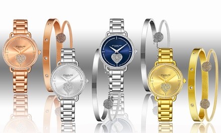 Stuhrling Women's Crystal Heart Bracelet Watch and Bangle Set