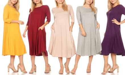 MOA Collection Women's 3/4 Sleeve Modest Curved Hem Midi Dress. Plus Sizes Available.