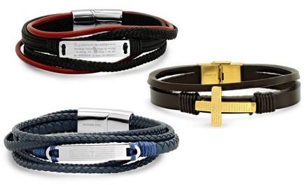 Men's Leather And Stainless Steel Prayer Bracelets by Steeltime