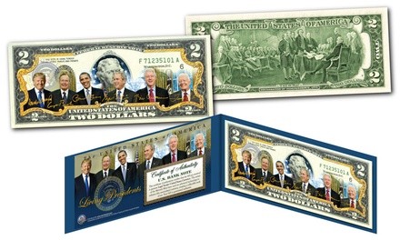 Living Presidents Genuine Legal Tender U.S. Two-Dollar Bill with Donald Trump