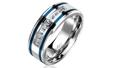 10 Lined CNC Machine Set CZ with 2 Blue IP Grooved Stripes Stainless Steel Ring