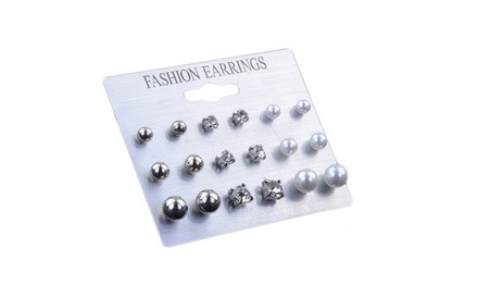 9 Pairs 18k White Gold Plated Crystal Ball Pearls CZ Stud Earrings