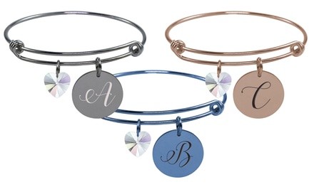 Solid Stainless Steel Adjustable Initial Bangle Made with Swarovski Crystal by Pink Box