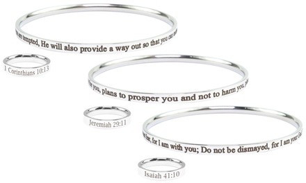 Holy Scripture Bangle and Ring Set in Stainless Steel by Pink Box