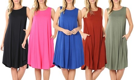 Haute Edition Women's Viscose Round Neck Sleeveless Knee-Length Dress with Pockets. Plus Sizes Available.