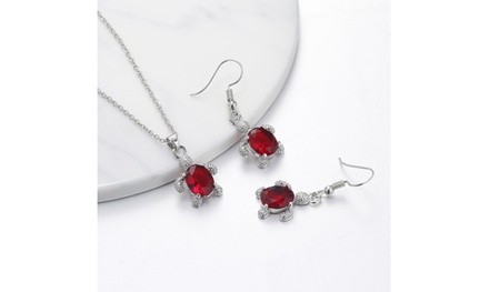 Sterling Silver Red Ruby Diamond Accent Turtle Earrings Necklace Set