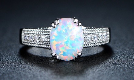 White Fire Opal and Rhodium Plated Ring by JOJORA
