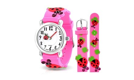 Bling Jewelry Pink Ladybug Clover Kids Watch Stainless Steel Back