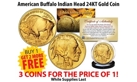 24K Gold Plated 2017 American Gold Buffalo Native Americans Tribute Coin (3-Pack)