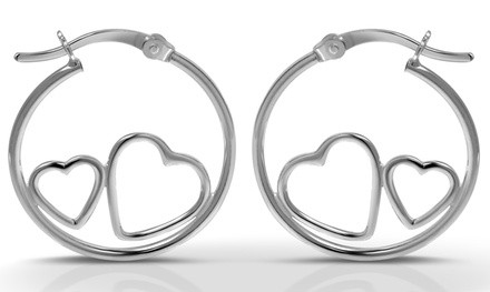 Sterling Silver Classic Hoop with Heart Design Earrings by Paolo Fortelini 