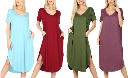 Haute Edition V-Neck Short-Sleeve Round Hem Dress with Side Slits. Plus Sizes Available.