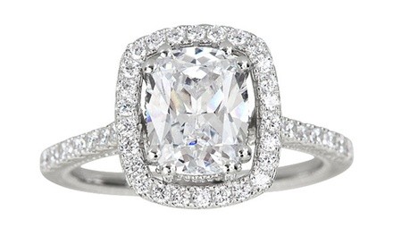 Sterling Silver 9mm Radiant Cut Cubic Zirconia Halo Pave Engagement Ring