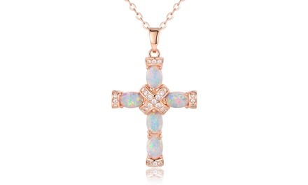 18K Rose Gold Plating & Fire Opal Cross Pendant - Religious Jewelry