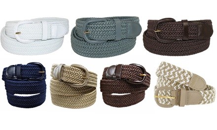 Women's Braided Elastic Stretch Belt with Genuine Leather Buckle