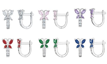 14K White Gold Kids Butterfly Leverback Crystal Earrings