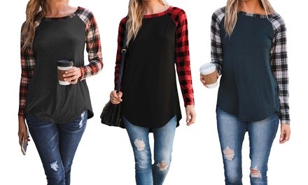 Reflection Women's Long Sleeve Raglan Plaid Sleeve Tee. Plus Sizes Available.