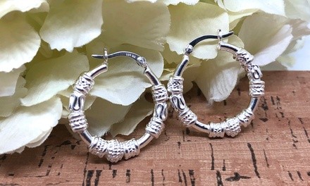 Sterling Silver Geometric Textured Hoop Earrings by Moricci