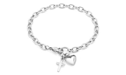 Stainless Steel Heart and Cross Charm Bracelet