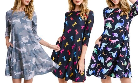 Style Clad Women's 3/4-Sleeve Shark, Dinosaur, or Unicorn Dress. Plus Sizes Available.