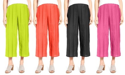 Women's Elastic Waist Wide-Leg Pleated Crop Pants