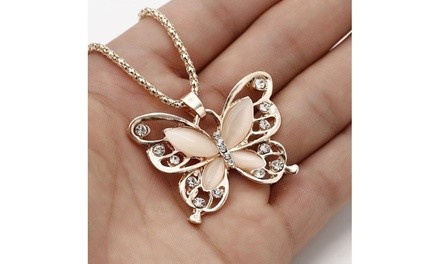 Fashionable Cat's Eye Stone Hollow Butterfly Diamond Sweater Chain Necklace