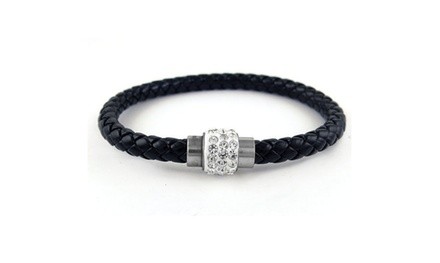 Black Genuine Leather and Swarovski Elements Crystal Magnetic Bracelet