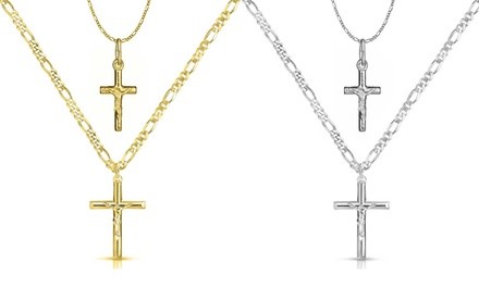 Father and Son Italian Sterling Silver Cross Necklaces with Figaro Chain