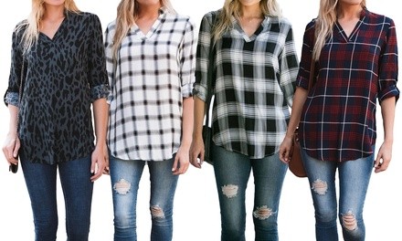 Women's Plaid & Leopard Print Notch-Neck Roll Tab Tunic. Plus Sizes Available