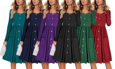 Haute Edition Women's Long Sleeve Button Down Dress with Pockets