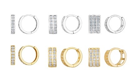 1–3-Row Crystal Huggie Hoop Earrings in 14K Gold Plating