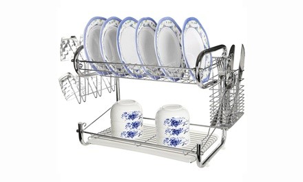 2-Tier S-shaped Stainless drying Drainer Dish Rack Cutlery Tray w/Hook