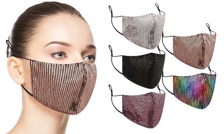 5 Pack : Sequined Cotton Fashion Face Masks With Adjustable Ear Loops