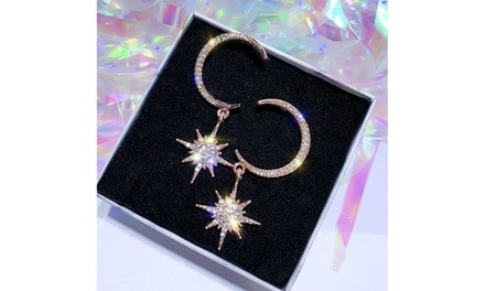 S925 Silver Full Rhinestone Zircon Glitter Star&Moon Diamond Stud Earrings