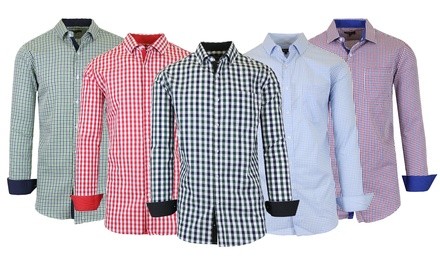 Galaxy by Harvic Men's Gingham Wrinkle-Resistant Long Sleeve Dress Shirts with Chest Pocket (S-2XL)