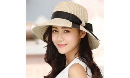 Womens UPF50 Foldable Summer Straw Hat Wide Brim Fedora Sun Beach Hat