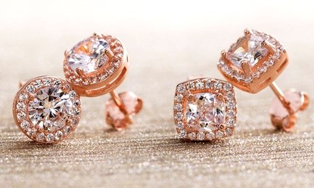 Lesa Michele Rose Gold Plated over Sterling Silver Halo Studs with Swarovski Elements