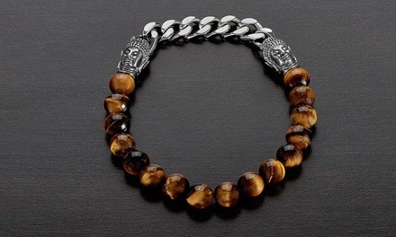 Men's Stainless Steel Buddha and Natural Stone Beaded Bracelet by Crucible