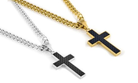 Stainless Steel Carbon Fiber Inlay Cross Necklace in 18K Gold or Sterling Silver Plating