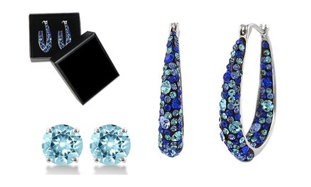 Blue Inside Out Hoops in 18K White Gold-Plating Made with Blue Swarovski Crystal by Mina Bloom